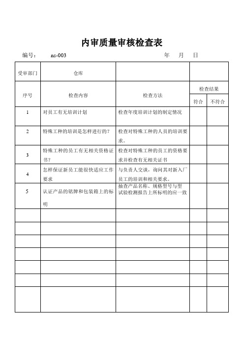 内审质量审核检查表