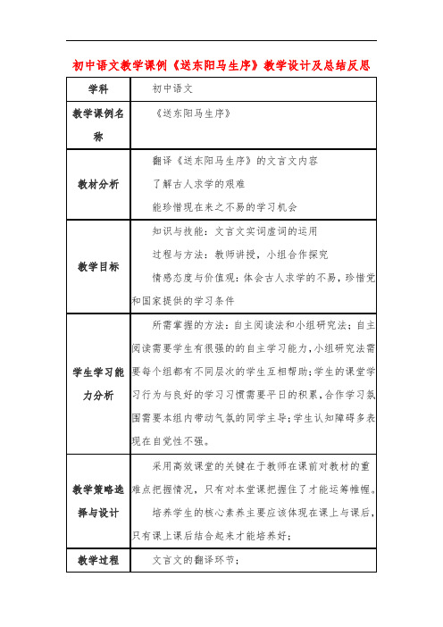 初中语文教学课例《送东阳马生序》教学设计及总结反思