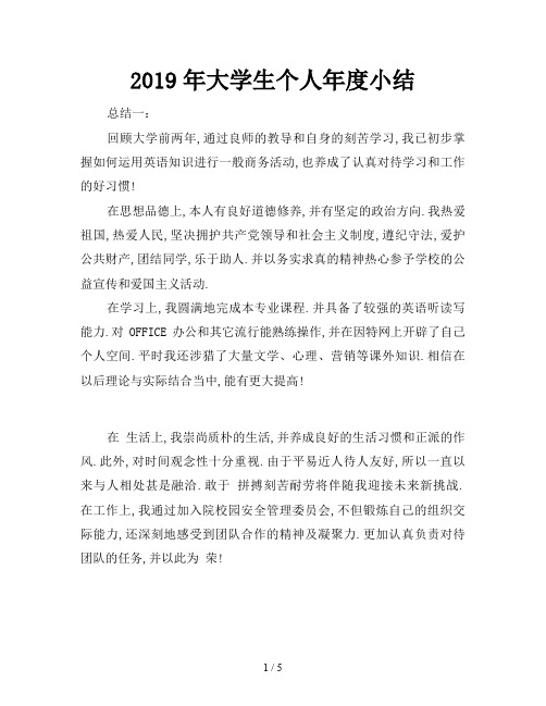 2019年大学生个人年度小结