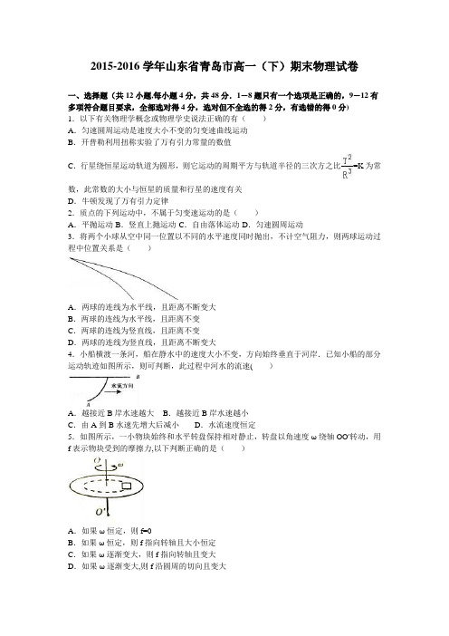 山东省青岛市2015-2016学年高一下学期期末物理试卷 含解析