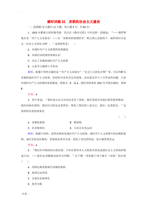 高考历史一轮复习 课时训练22 苏联的社会主义建设-人教版高三全册历史试题