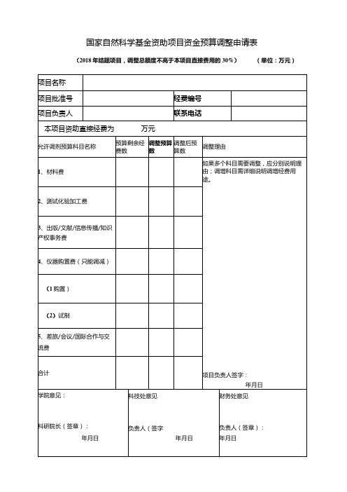 国家自然科学基金资助项目资金预算调整申请表