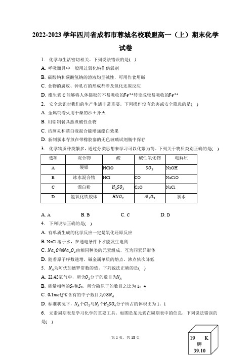 2022-2023学年四川省成都市蓉城名校联盟高一(上)期末化学试卷(含答案解析)