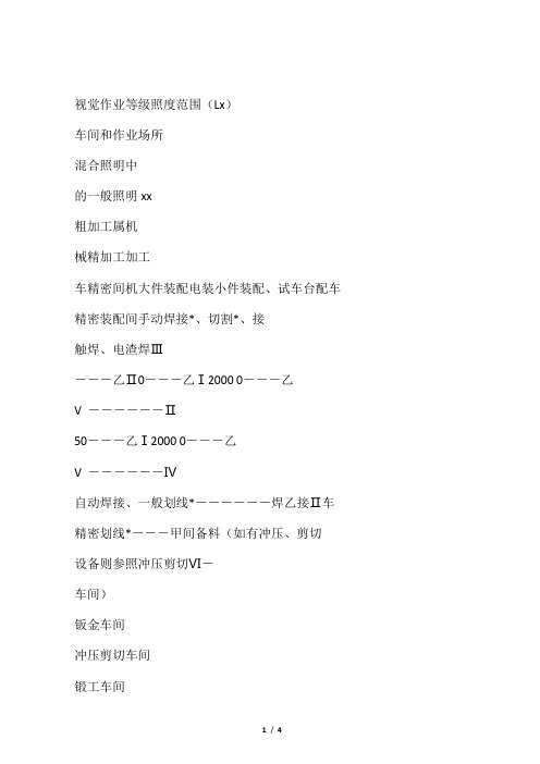 一般生产车间和作业场所工作面上的照度标准值
