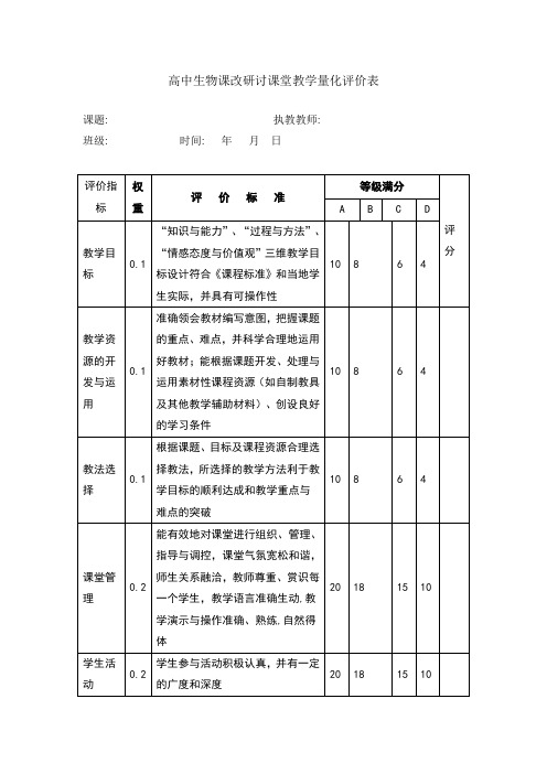 高中生物课改研讨课堂教学量化评价表