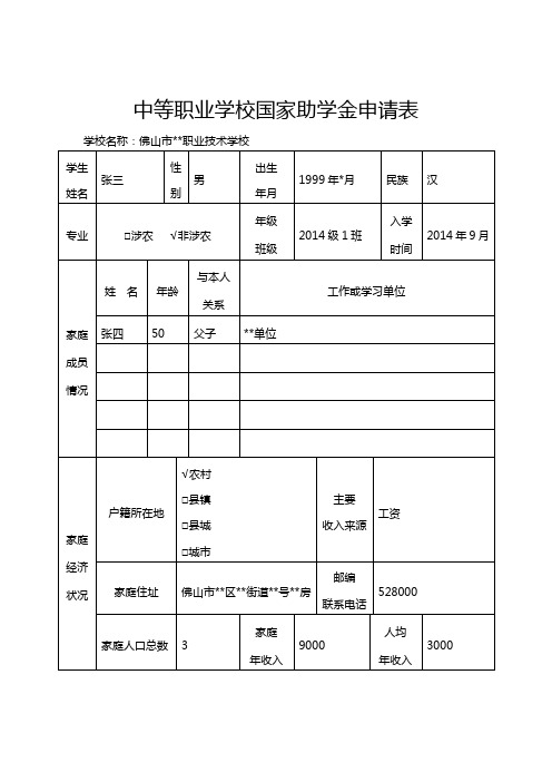 中等职业学校国家助学金申请表