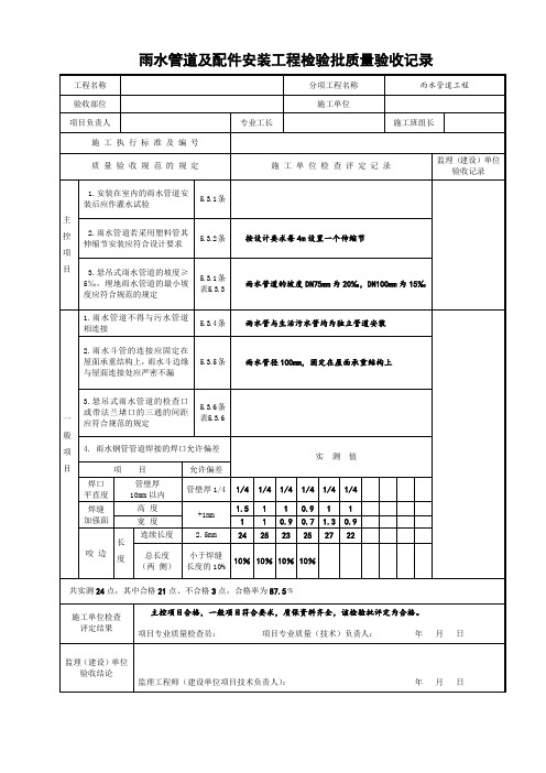 雨水管道及配件安装工程检验批质量验收记录