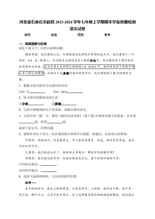 河北省石家庄市赵县2023-2024学年七年级上学期期末学业质量检测语文试卷(含答案)