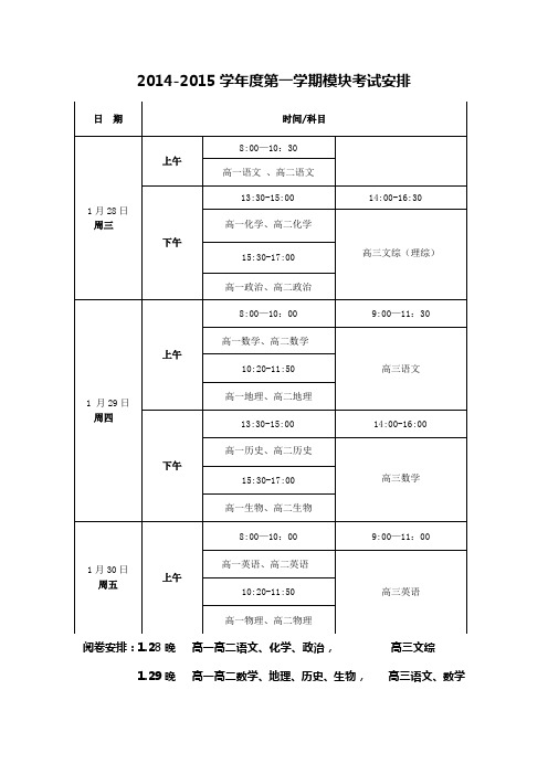 2014-2015学年度第一学期期末考试安排