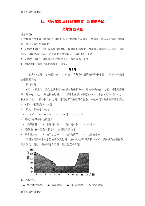 【配套K12】四川省内江市2018届高三地理第一次模拟考试试题(无答案)