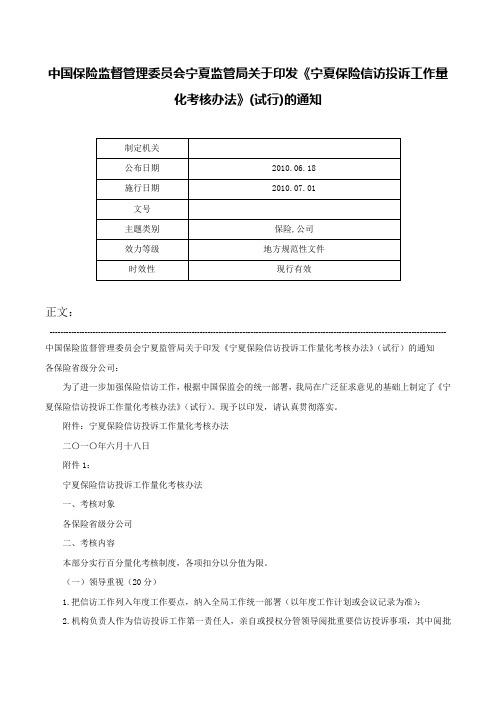 中国保险监督管理委员会宁夏监管局关于印发《宁夏保险信访投诉工作量化考核办法》(试行)的通知-