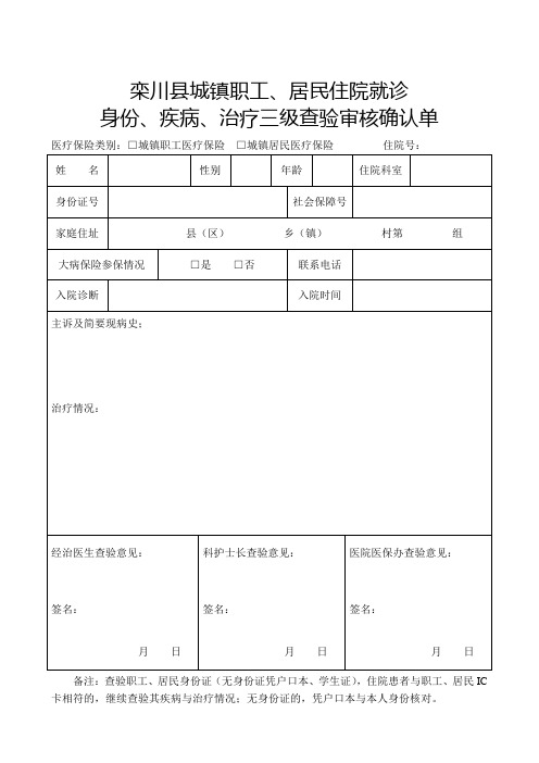 身份、疾病、治疗三级查验审核确认单