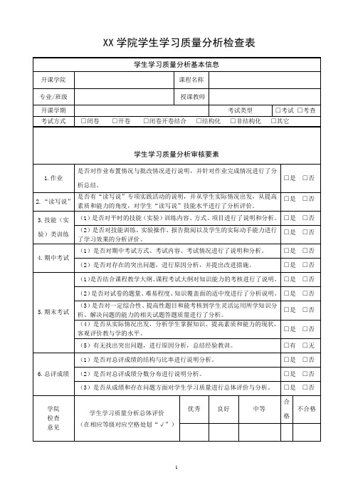 学院学生学习质量分析检查表