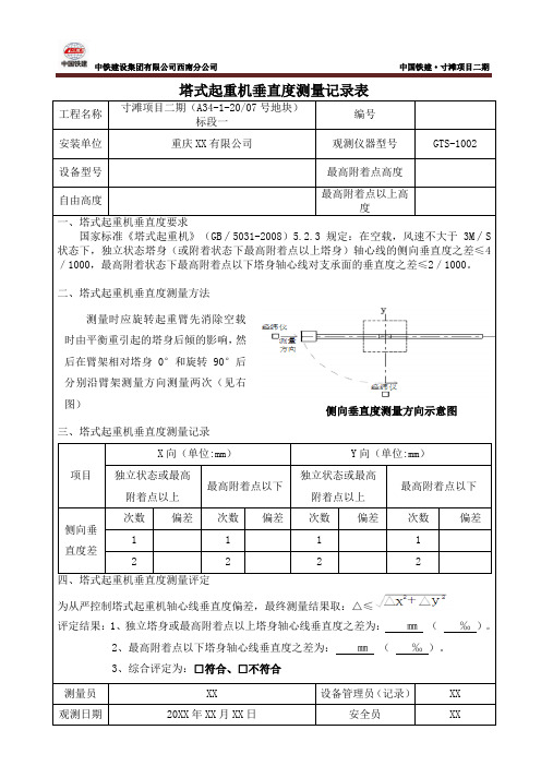 塔式起重机垂直度测量记录表