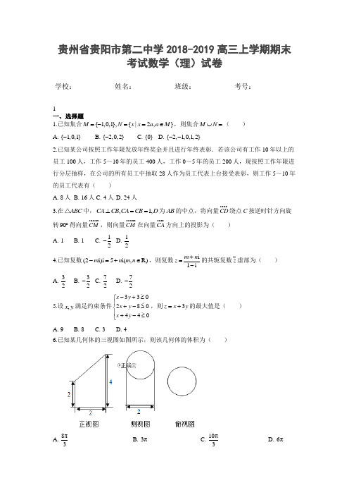 贵州省贵阳市第二中学2018-2019高三上学期期末考试数学(理)试卷1