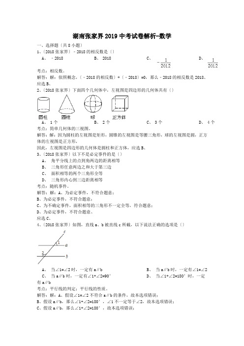 湖南张家界2019中考试卷解析-数学