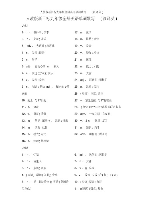 人教版新目标九年级全册英语单词默写(汉译英)