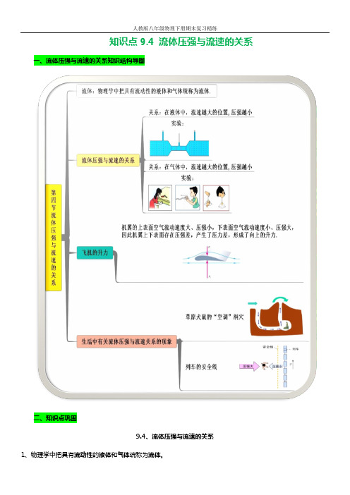 人教版八年级物理下册期末复习精练：9.4流体压强与流速的关系(原卷版)