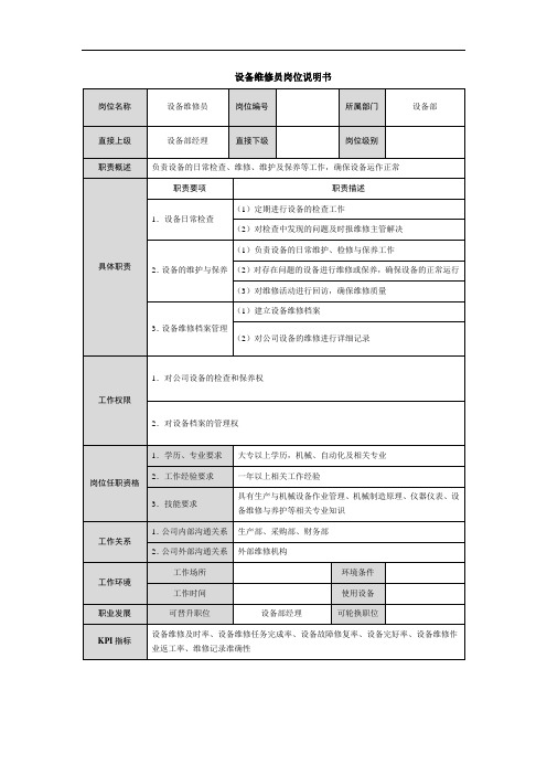 设备维修员岗位说明书