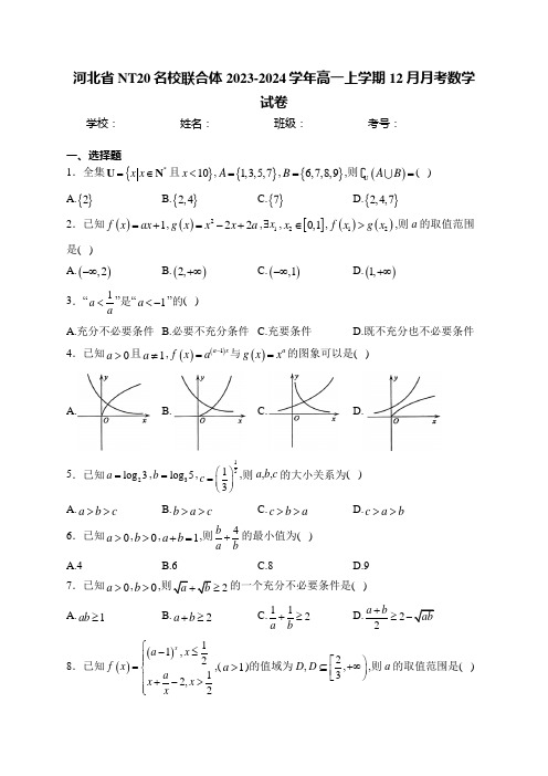 河北省NT20名校联合体2023-2024学年高一上学期12月月考数学试卷(含答案)