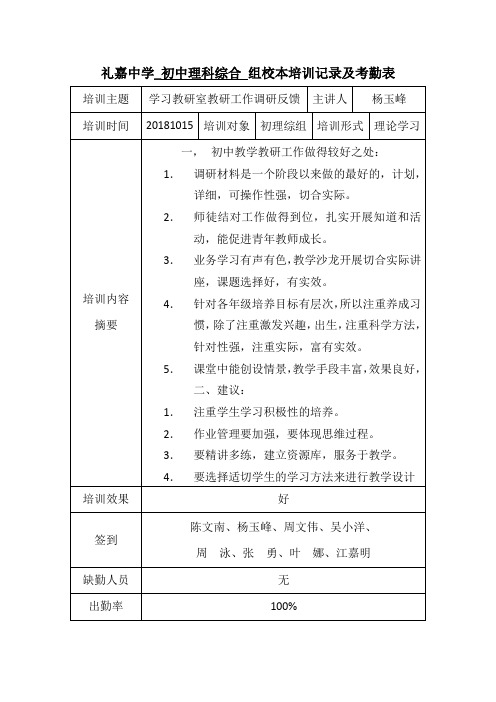 礼嘉中学_初中理科综合组校本培训记录及考勤表