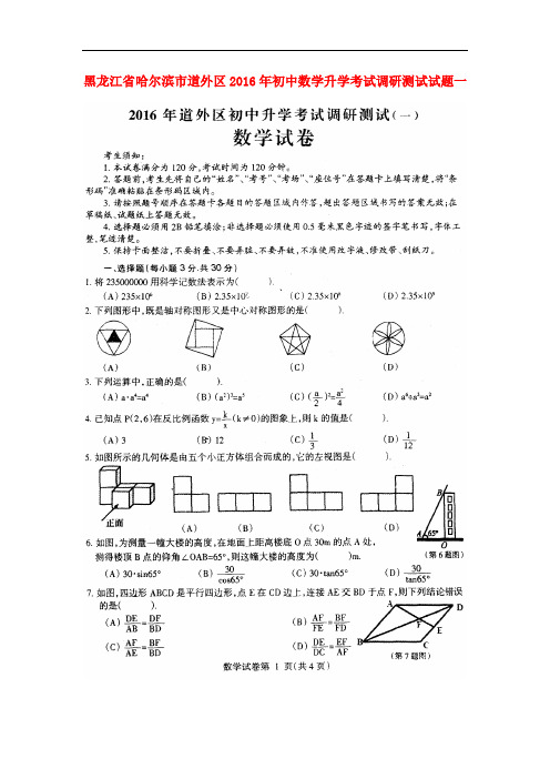 黑龙江省哈尔滨市道外区2016年初中数学升学考试调研测试试题一(扫描版)