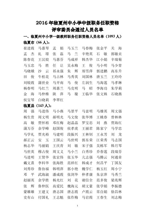 2016年临夏州中小学中级职务任职资格