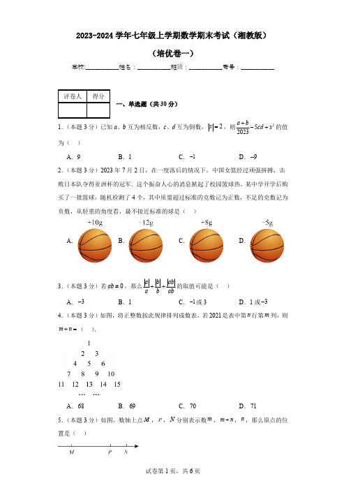 2023-2024学年湘教版数学七年级期末考试试题及解析培优卷1