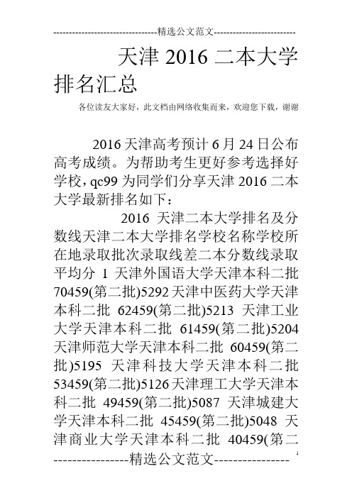 天津2016二本大学排名汇总