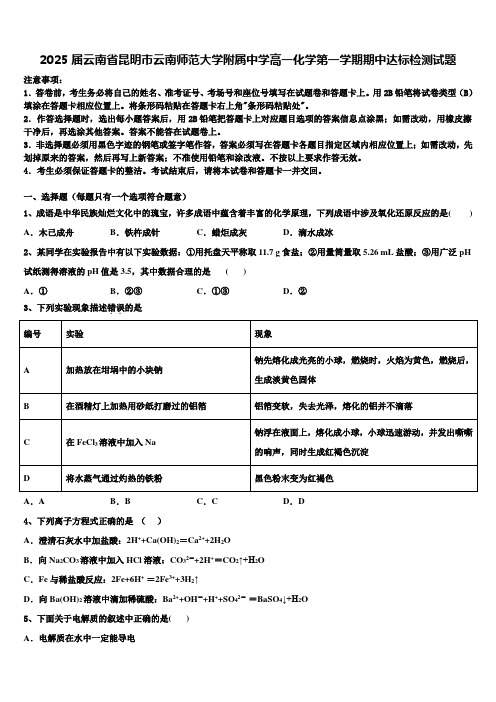 2025届云南省昆明市云南师范大学附属中学高一化学第一学期期中达标检测试题含解析