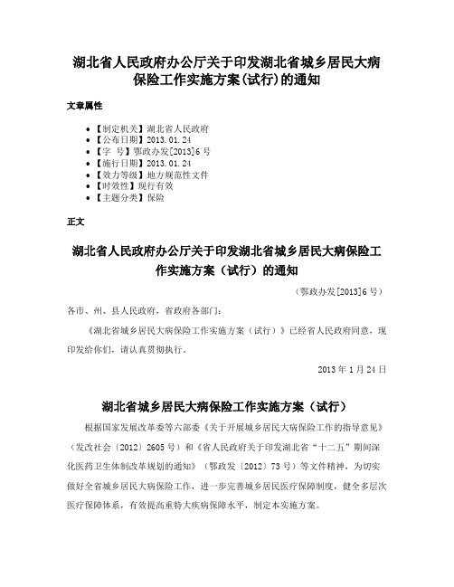 湖北省人民政府办公厅关于印发湖北省城乡居民大病保险工作实施方案(试行)的通知