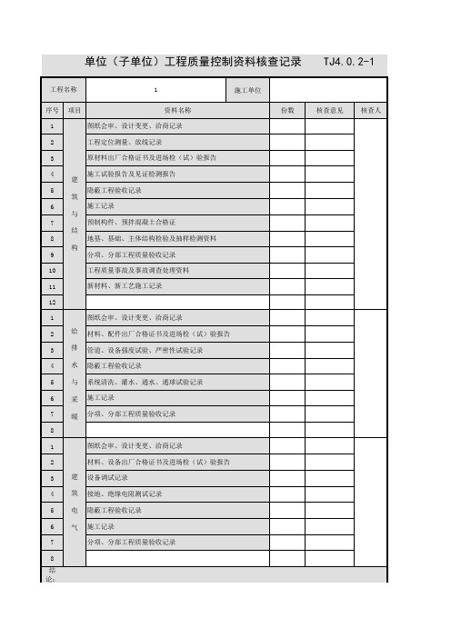 单位(子单位)工程质量控制资料核查记录(江苏省)(含表格范例、填表说明)