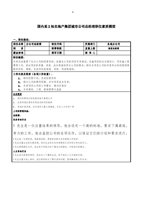 国内某X知名地产集团城市公司总经理职位素质模型