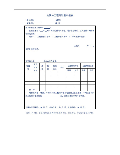 公司项目部合同外工程月计量申报表