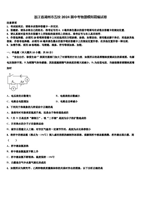 浙江省湖州市五校2024届中考物理模拟精编试卷含解析