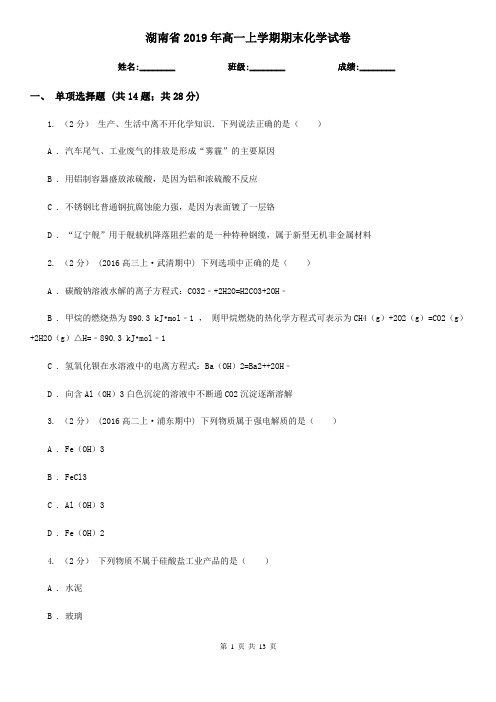 湖南省2019年高一上学期期末化学试卷