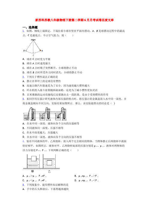 新苏科苏教八年级物理下册第二学期6月月考试卷百度文库