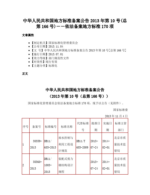 中华人民共和国地方标准备案公告2013年第10号(总第166号)－－依法备案地方标准170项