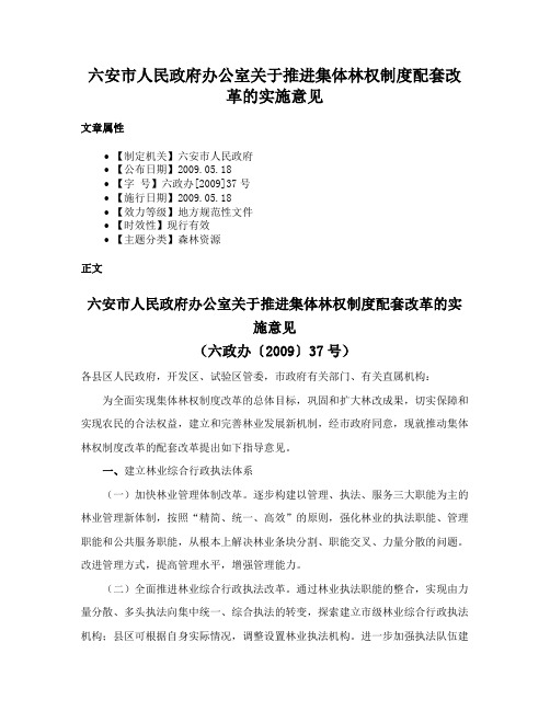 六安市人民政府办公室关于推进集体林权制度配套改革的实施意见