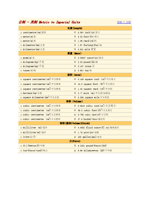 公制英制对照表