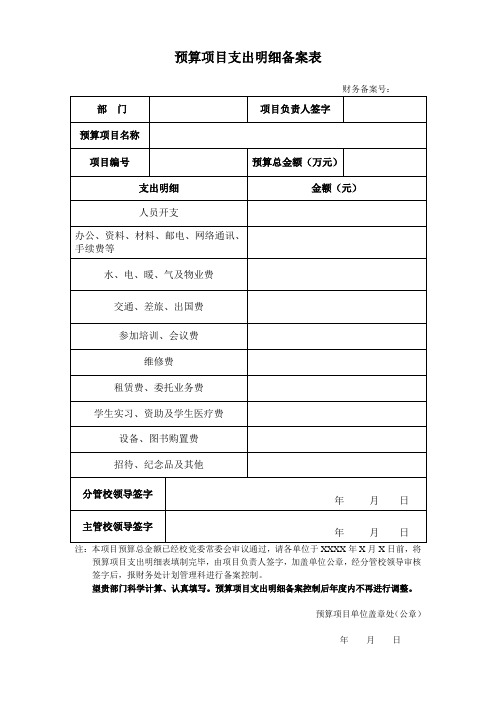 预算项目支出明细备案表