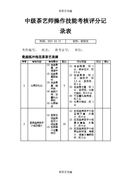 中级茶艺师操作技能考核评分记录表之欧阳文创编