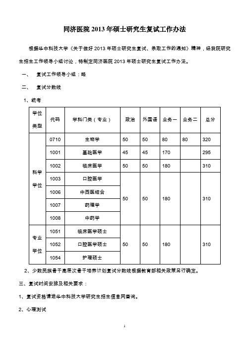 2013华科同济医学院考研复试分数线