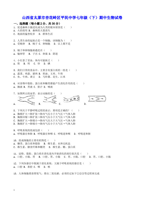 2019春人教版生物七年级下学期期中试卷(含解析)