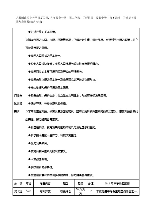 人教版政治中考复习基础篇：九年级全一册  第二单元 了解祖国 爱我中华  第3课时 了解基本国策与发