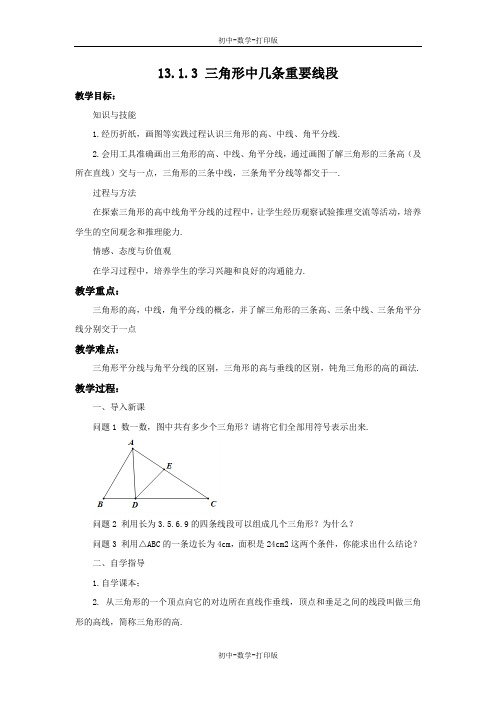 沪科版-数学-八年级上册-13.1.3 三角形中几条重要线段 教案