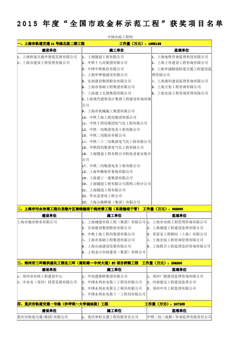 2015年度市政金杯奖名单讲解