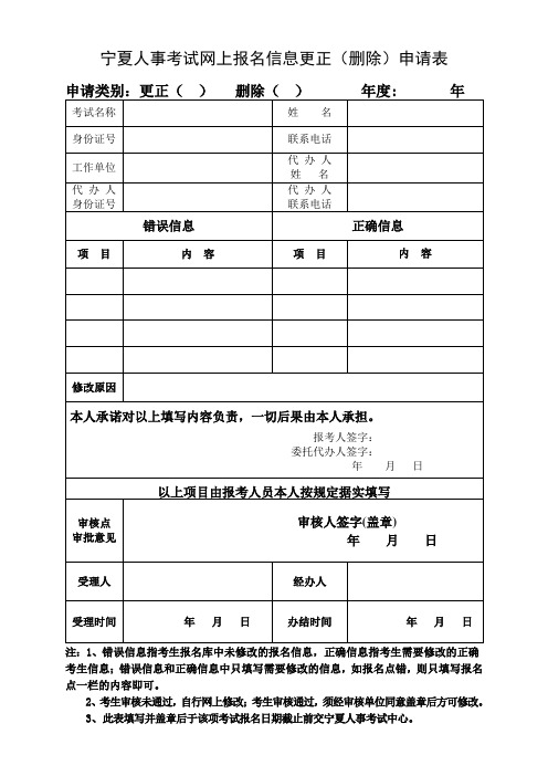 宁夏人事考试网上报名信息更正(删除)申请表