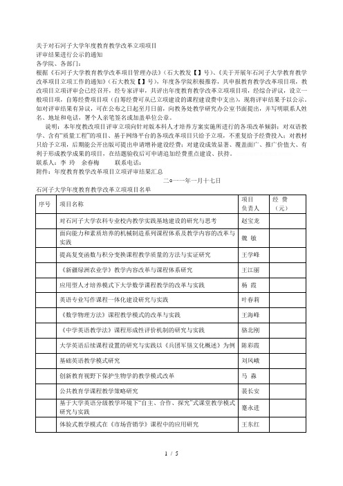 关于对石河子大学度教育教学改革立项项目