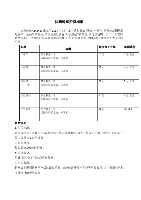 快狗速运资费标准